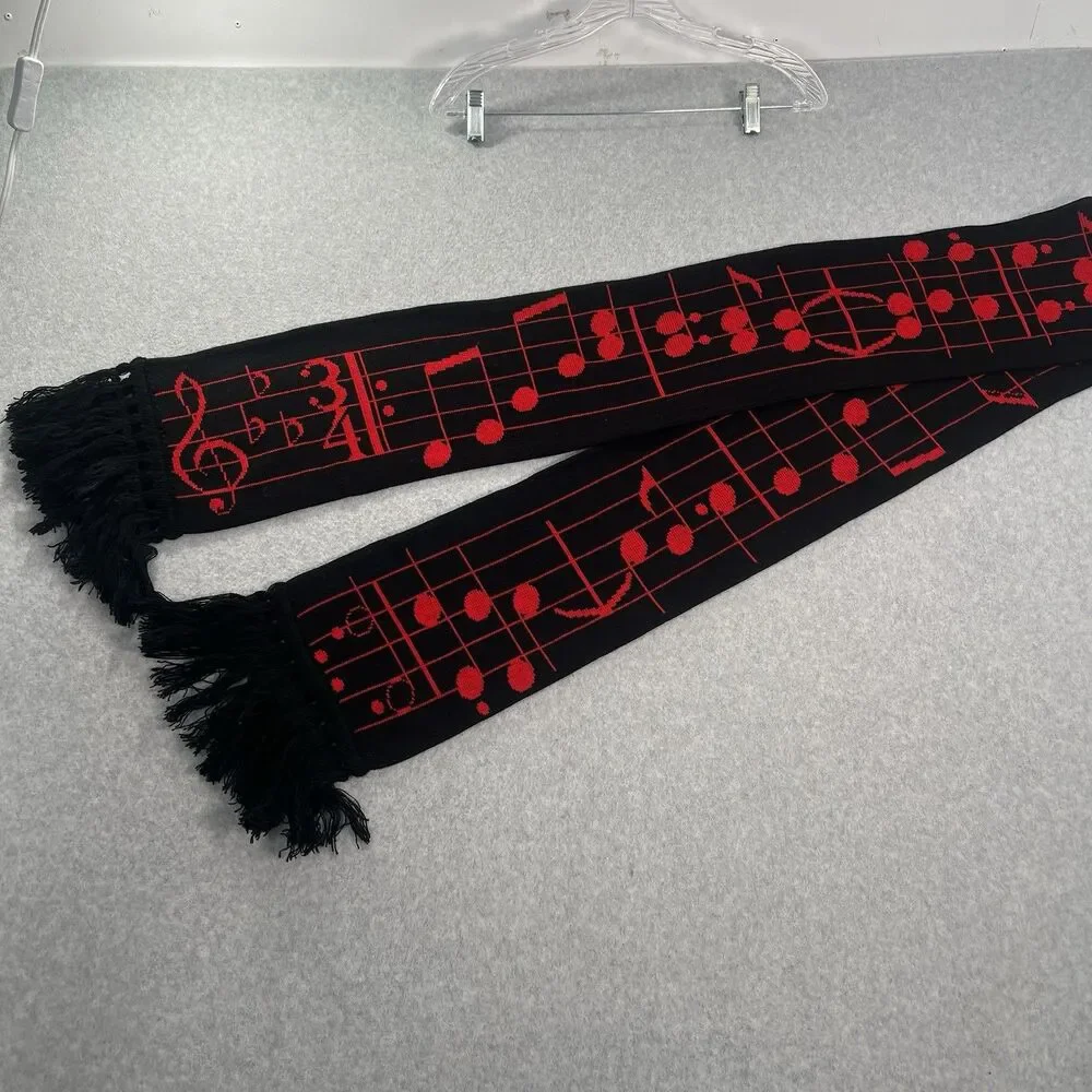 Vintage Scarf Music Staff Notes 1982 By Edgerton PA  88” Long red on black
